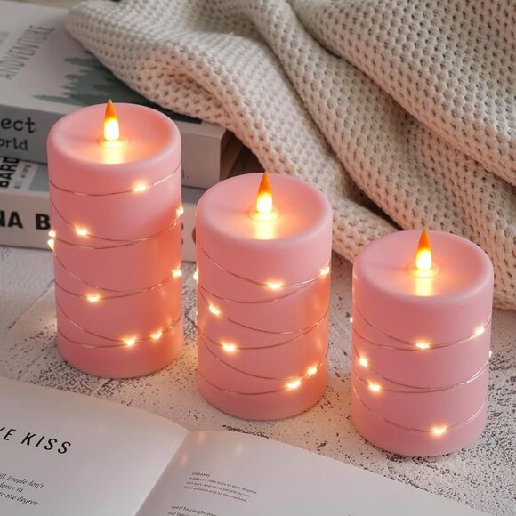 Rose Pink Flameless Candles with String Lights Battery Operated Flickering LED - Picture 2 of 5